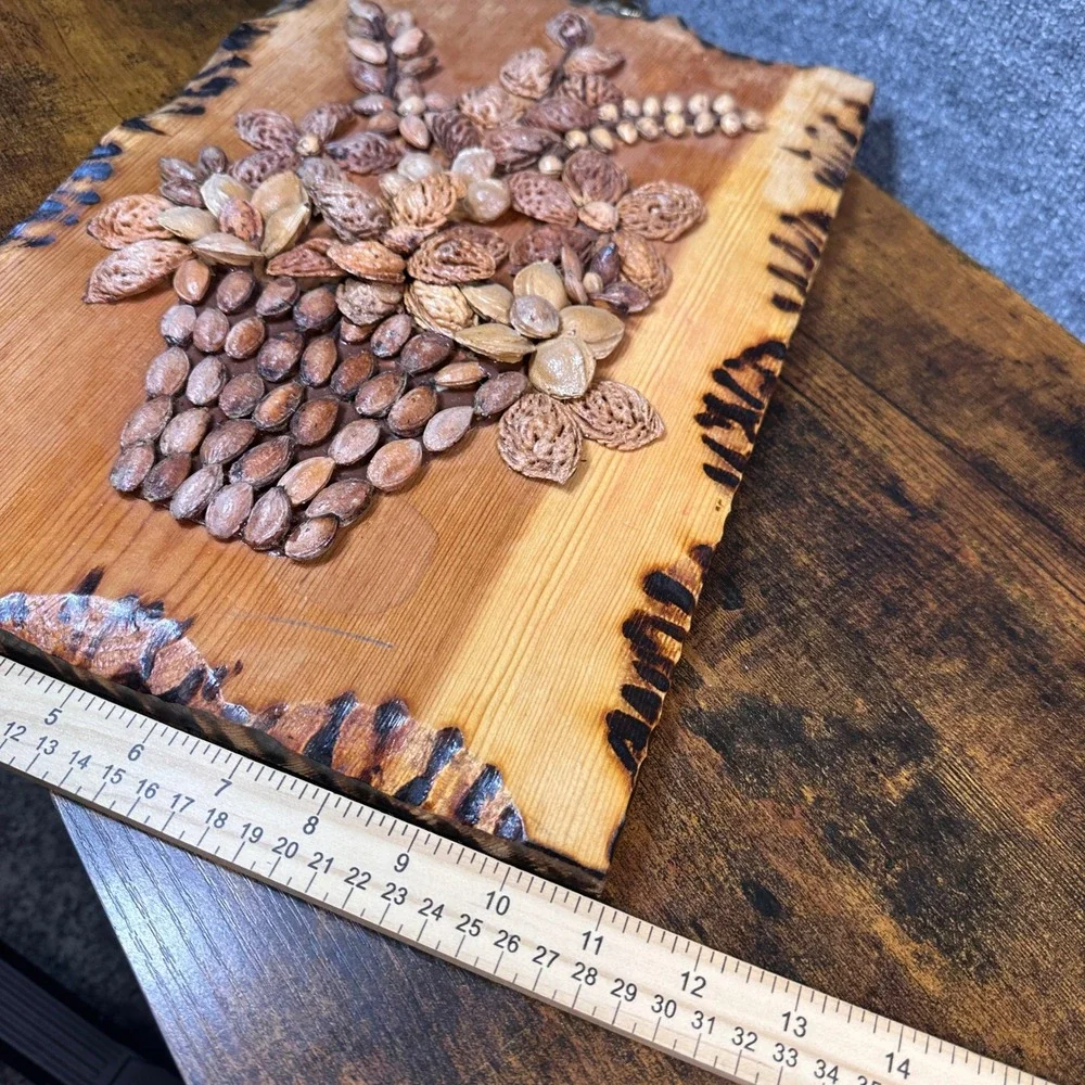 Vintage Handmade Seed Nut Peach Pit 3D Floral Wood Plaque Rustic Decor Whimsical